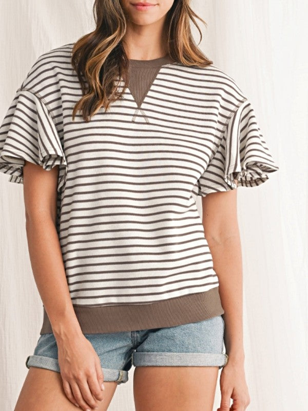 Striped Ruffle Sleeve Round Neck Cotton Top