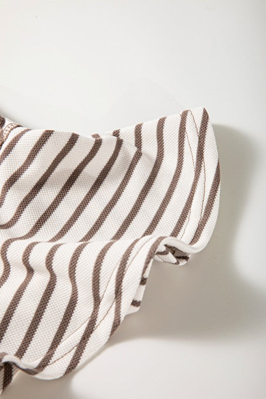 Striped Ruffle Sleeve Round Neck Cotton Top