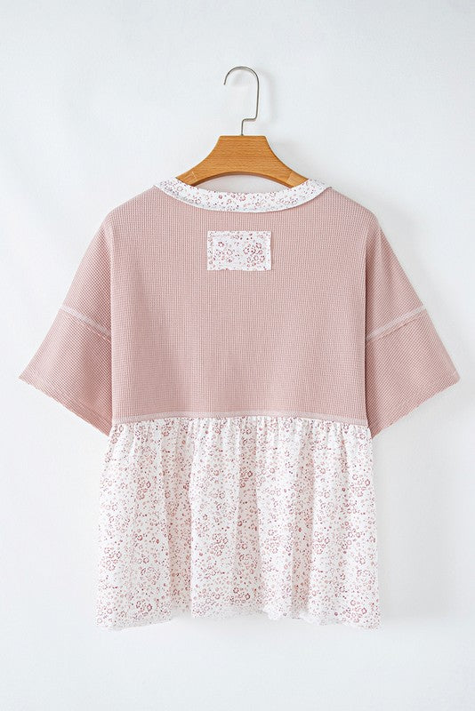 Cotton Pink Waffle Floral Patchwork Exposed Top