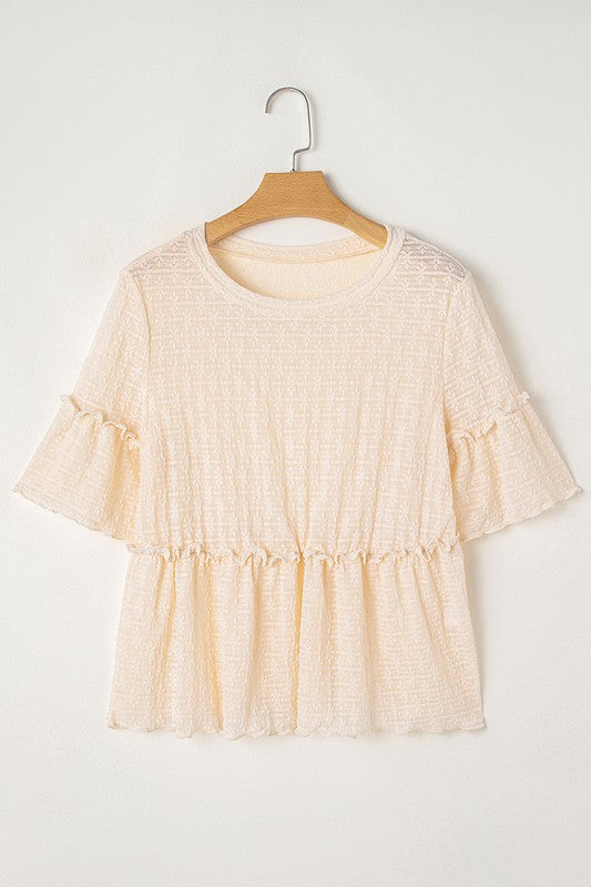 Beige Solid Color Ruffled Short Sleeve Blouse