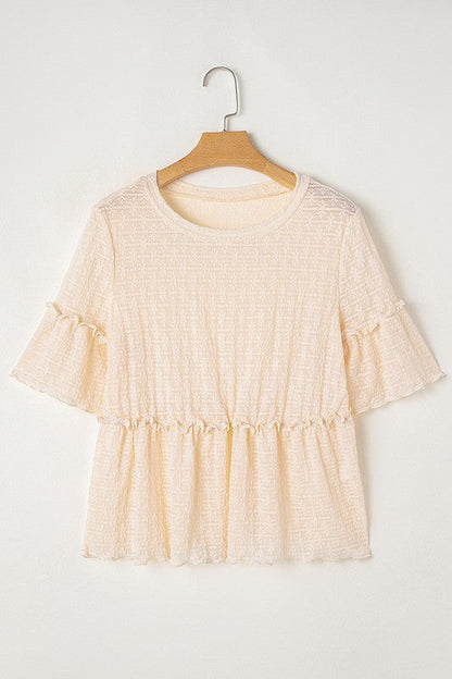 Beige Solid Color Ruffled Short Sleeve Blouse