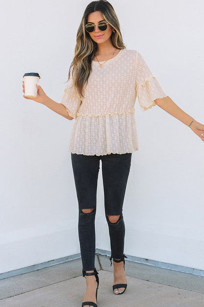 Beige Solid Color Ruffled Short Sleeve Blouse