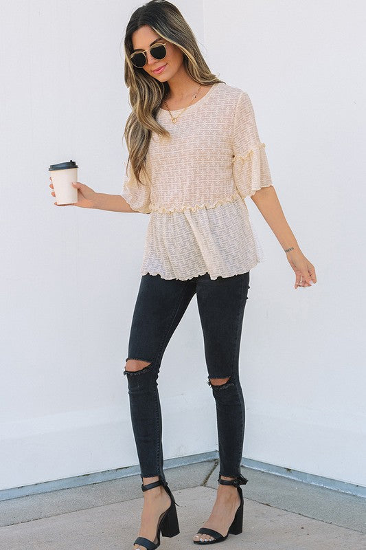 Beige Solid Color Ruffled Short Sleeve Blouse