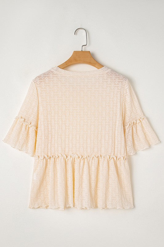 Beige Solid Color Ruffled Short Sleeve Blouse