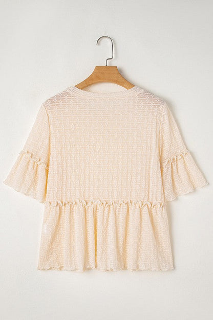 Beige Solid Color Ruffled Short Sleeve Blouse