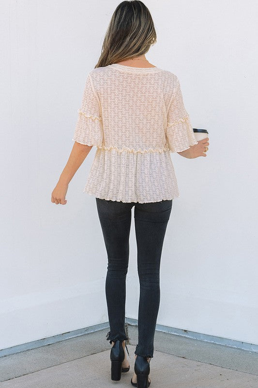 Beige Solid Color Ruffled Short Sleeve Blouse