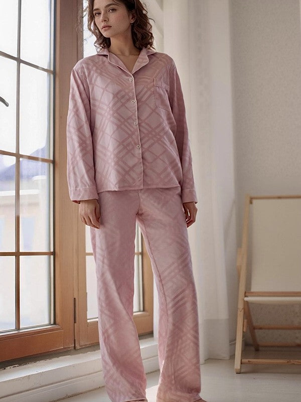 Pink Squared Button Front Long Sleeves Pajama Set
