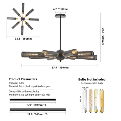 Modern Industrial Sputnik Chandelier, 8-Light Black and Gold Metal