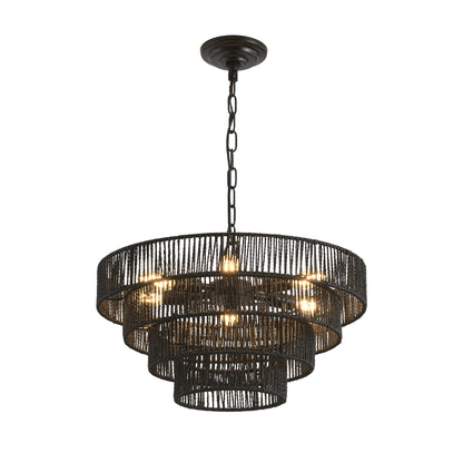 Rustic 4-Tier Black Hemp Rope Chandelier with 6 E12 Sockets, UL Listed