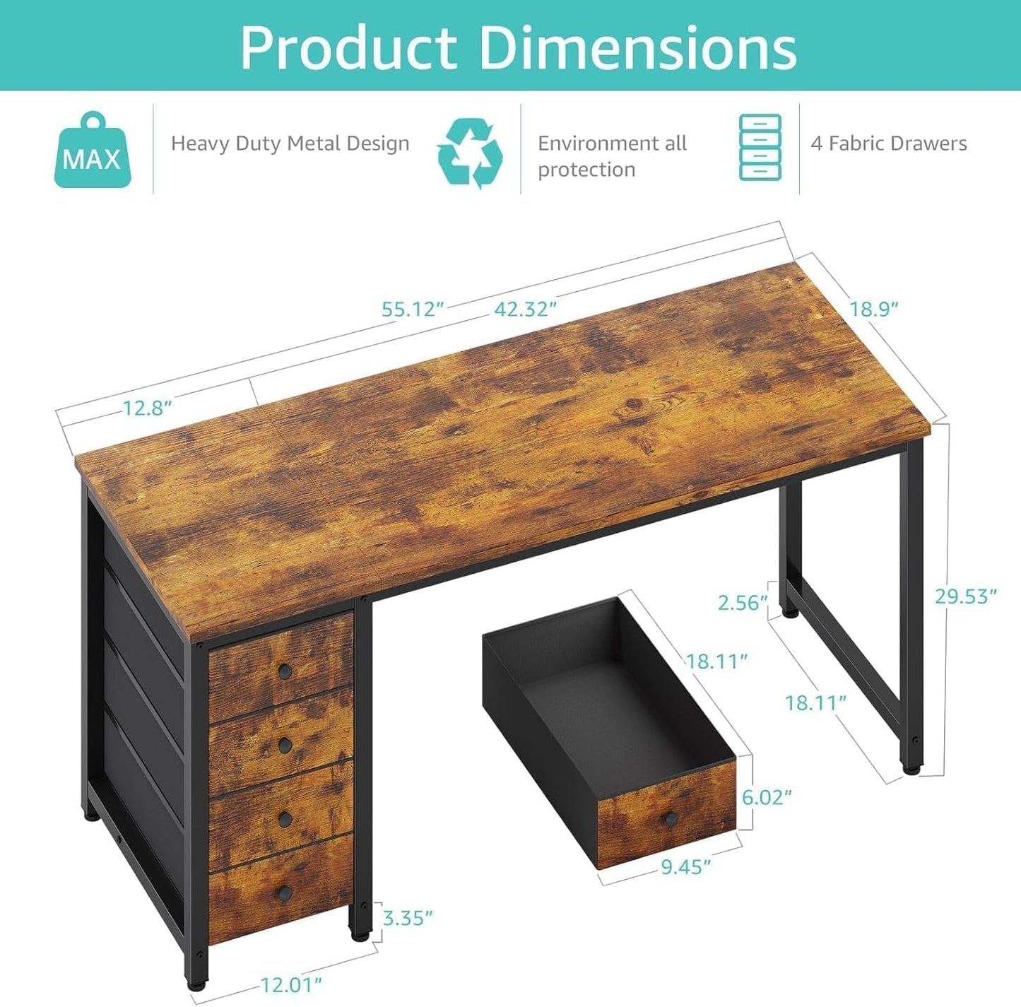 Computer Desk with Fabric Drawers - 55 Inch Long Study Work Writing