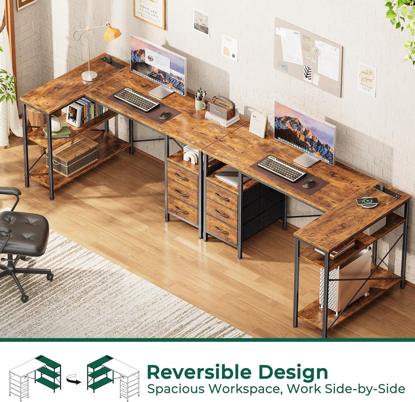L Shaped Desk with Power Outlets, Computer Desk with 3 Drawers, 47