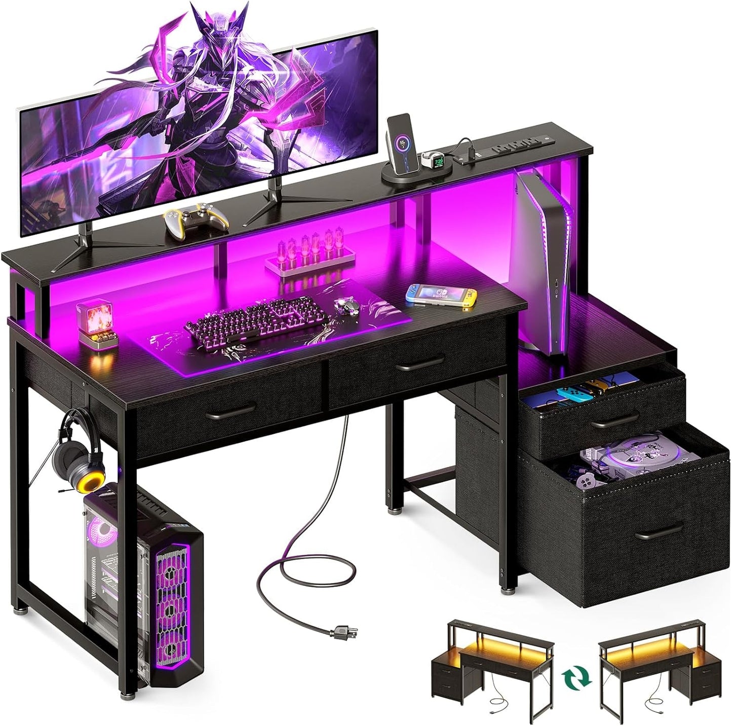 48-Inch Computer Desk with Power Outlets and LED Lights, Gaming Desk