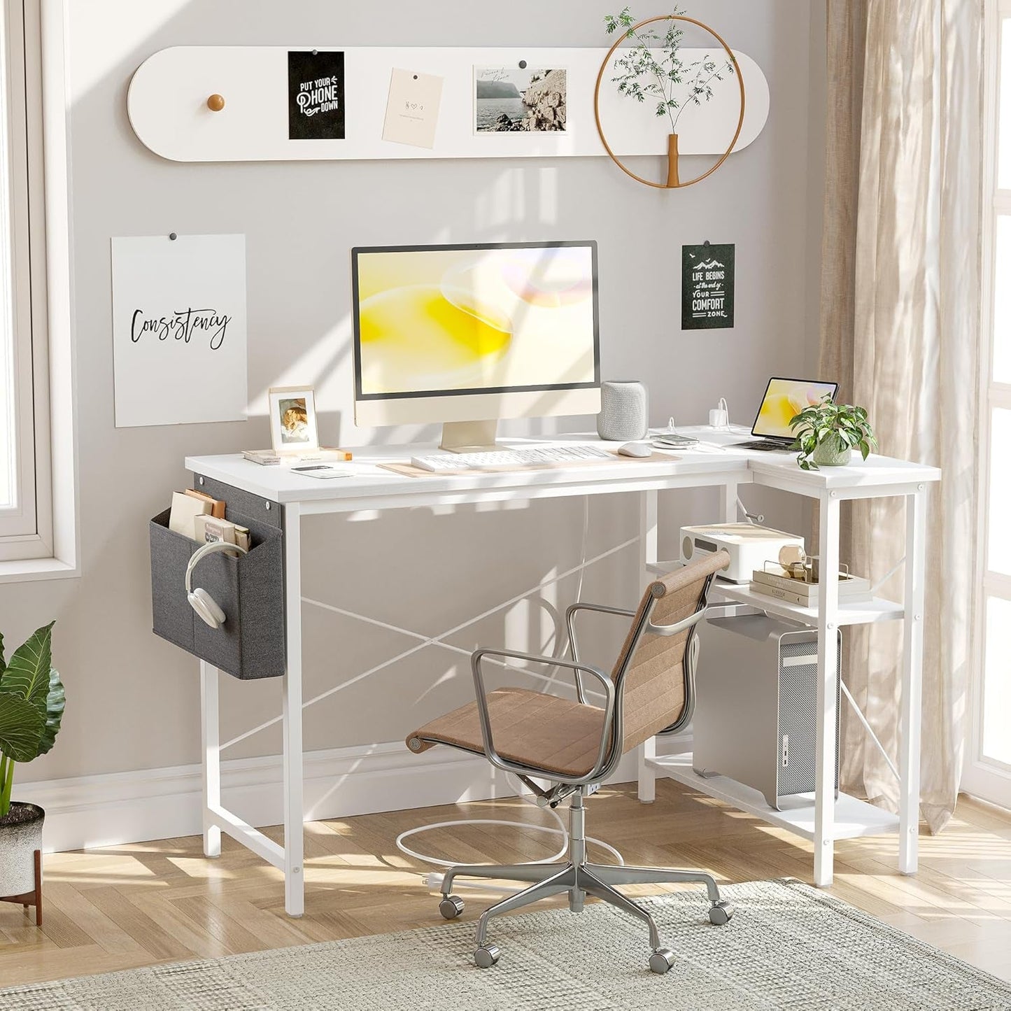 L Shaped Computer Desk with Power Outlets, 47 Inch Small Corner Desk