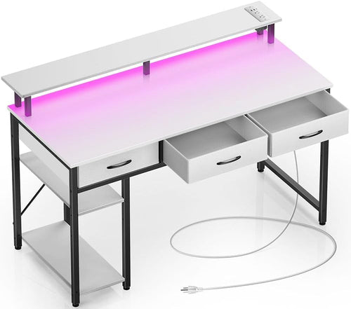 Computer Desk with Power Outlets & LED Light, 47 Inch Home Office Desk