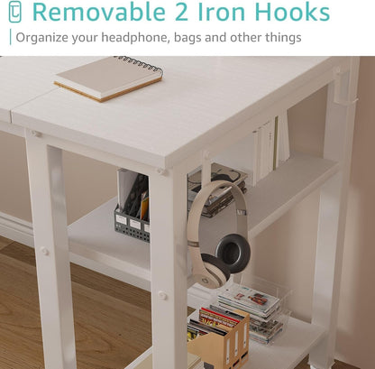 White Computer Desk with Fabric Drawers & Storage Shelves, 55 Inch