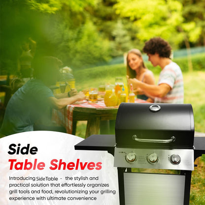 Stainless Gas Grill 3-Burner, Cabinet, Wheels, Outdoor BBQ