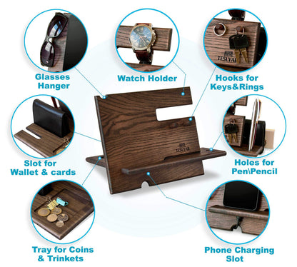 Wood Phone Docking Station Ash Key Hooks Holder Wallet Stand Watch