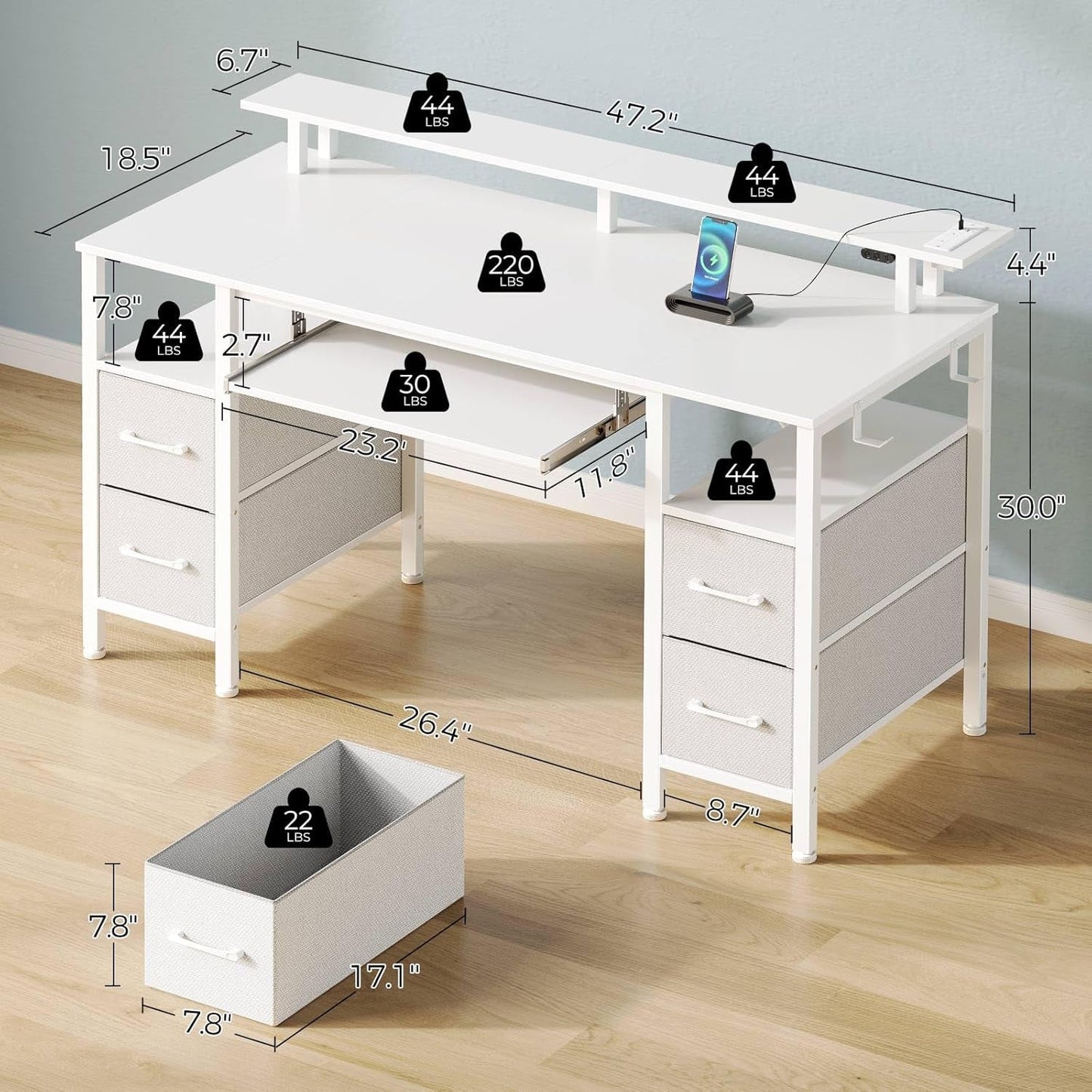 Computer Desk 47.2" with LED Lights & Power Outlets, Home Office Desk