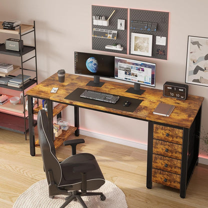 55 Inch Computer Desk with 4 Fabric Drawers & Storage Shelves, Writing