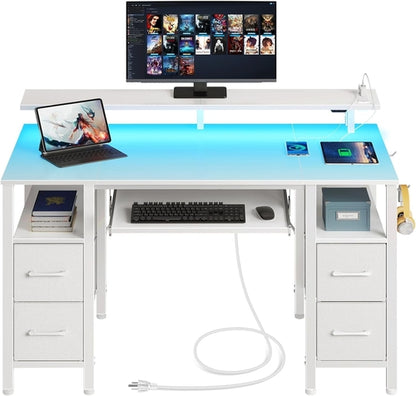 Computer Desk 47.2" with LED Lights & Power Outlets, Home Office Desk