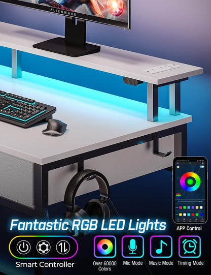Computer Desk with Power Outlets & LED Light, 47 Inch Home Office Desk