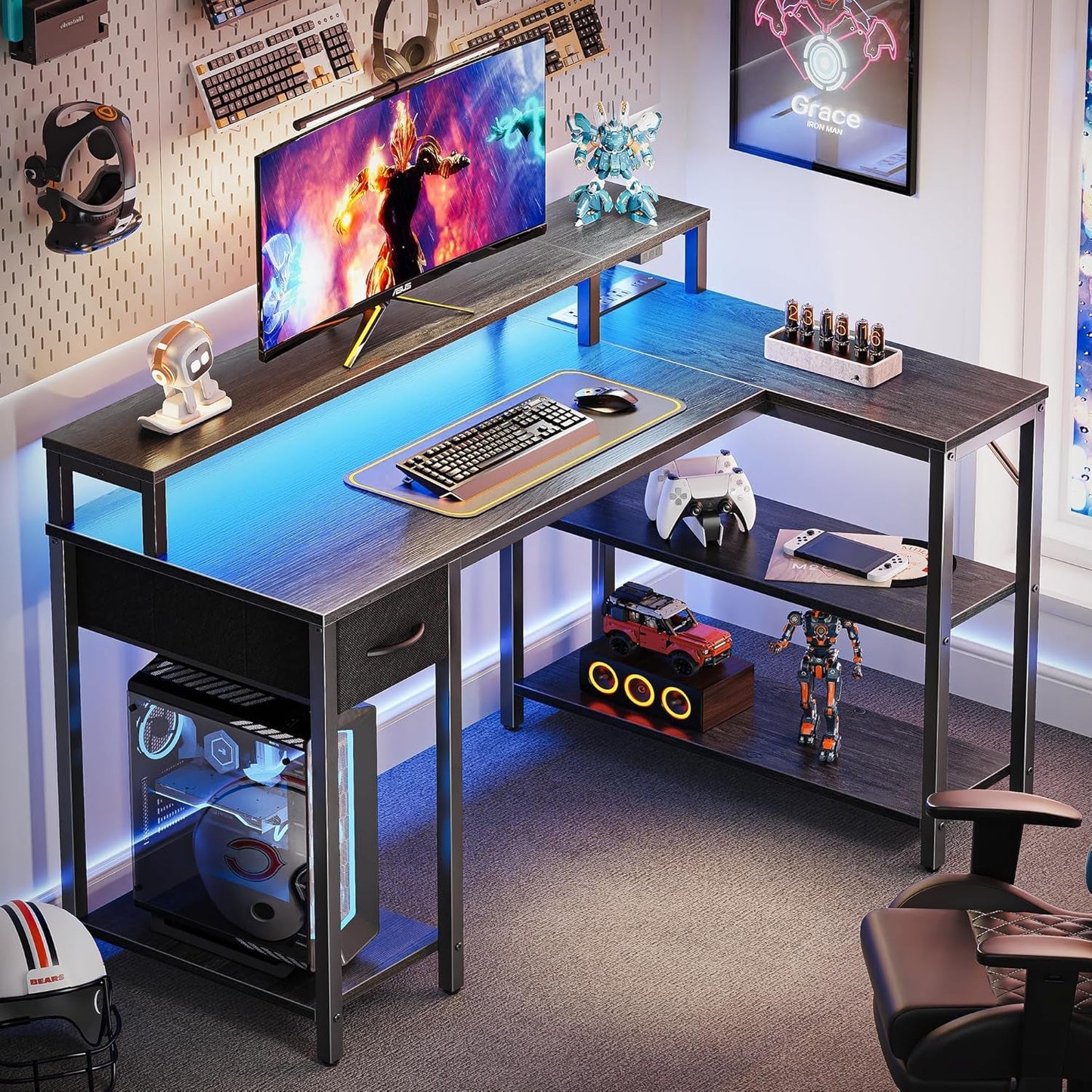 47 Inch Reversible L Shaped Desk with LED Lights & Power Outlets,