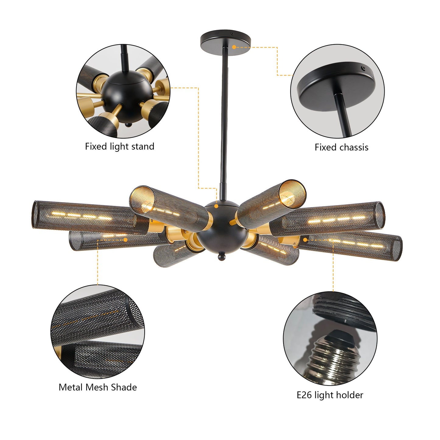 Modern Industrial Sputnik Chandelier, 8-Light Black and Gold Metal