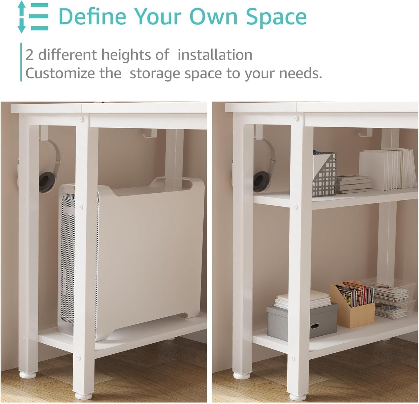 White Computer Desk with Fabric Drawers & Storage Shelves, 55 Inch