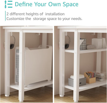 White Computer Desk with Fabric Drawers & Storage Shelves, 55 Inch