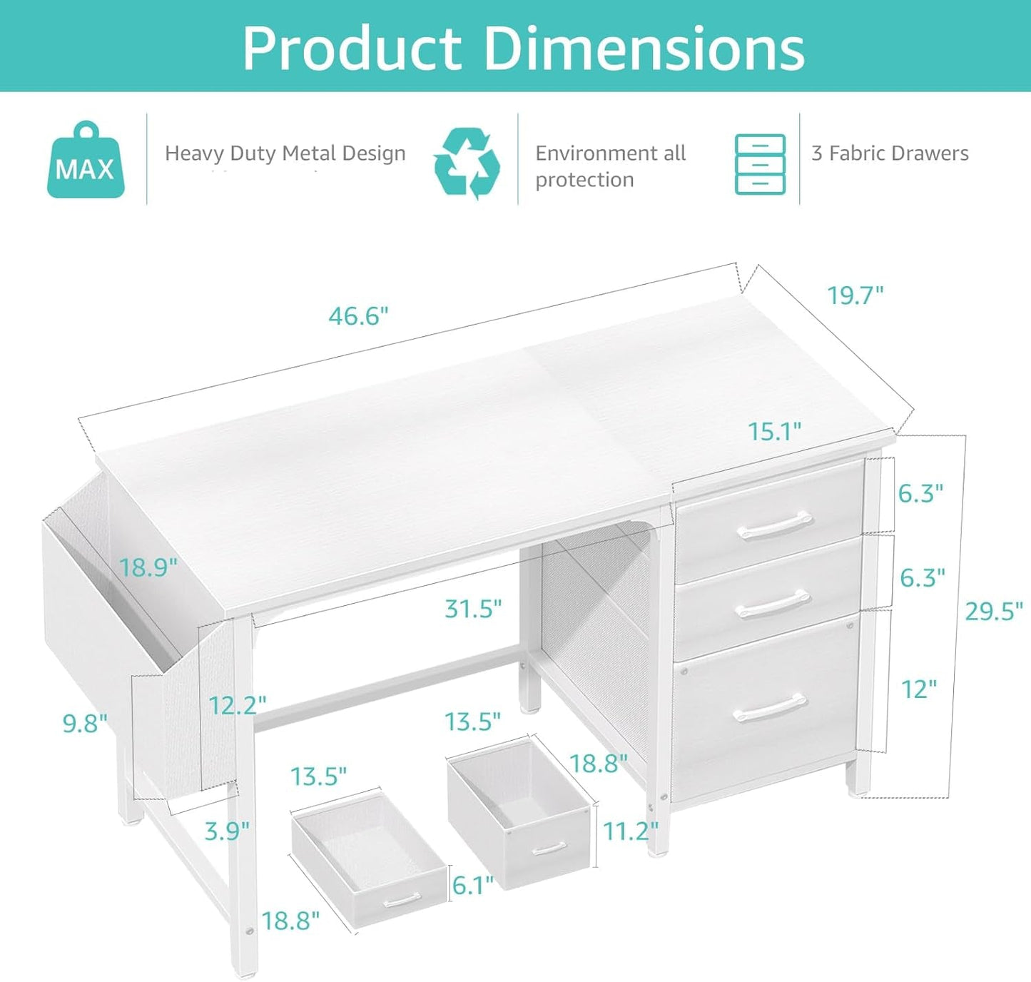 White Computer Desk with Fabric File Drawers Cabinet, 47 Inch Home