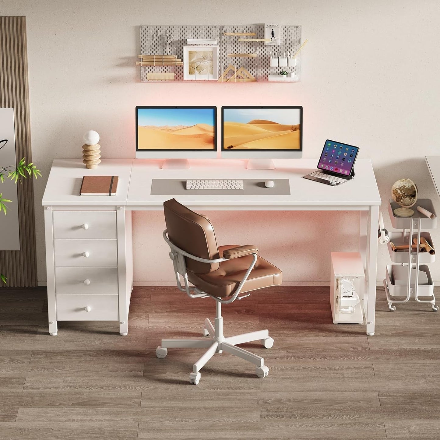 55" White Computer Desk with Fabric Drawer