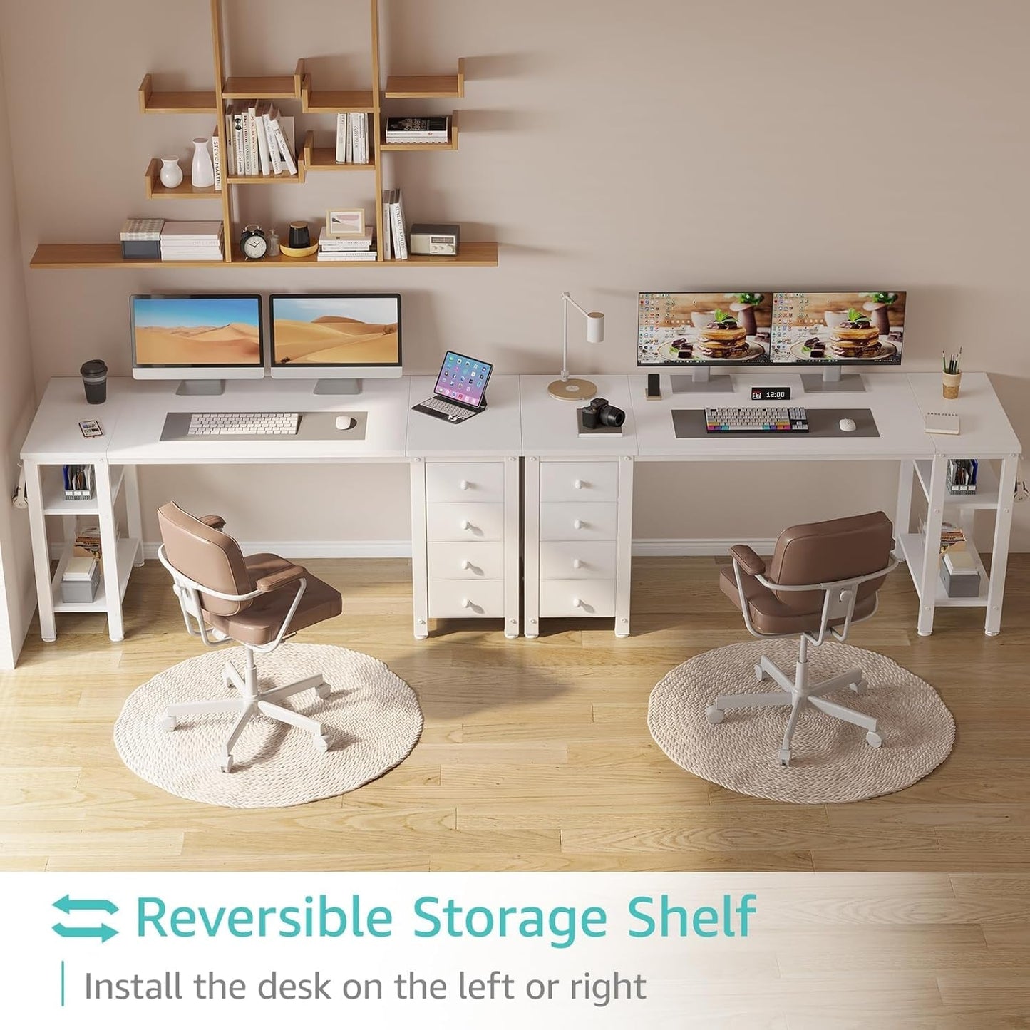 White Computer Desk with Fabric Drawers & Storage Shelves, 55 Inch