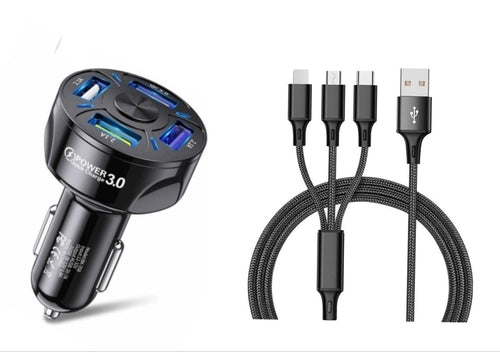 4 Port LED Car Charger + 3 in 1 Cable Combo Black