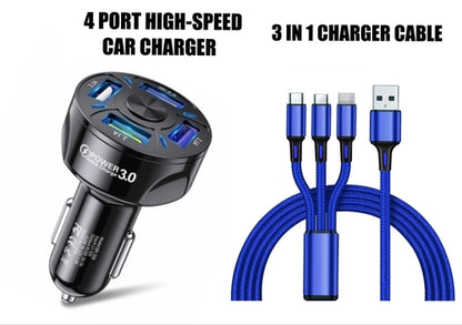 4 Port LED Car Charger + 3 in 1 Cable Combo Blue