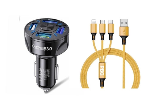 4 Port LED Car Charger + 3 in 1 Cable Combo Gold