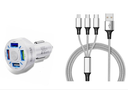 4 Port LED Car Charger + 3 in 1 Cable Combo Silver