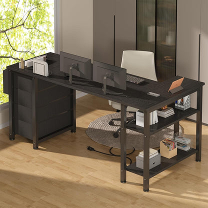 L Shaped Gaming Desk with Drawers & Storage Shelves, 55 Inch Corner