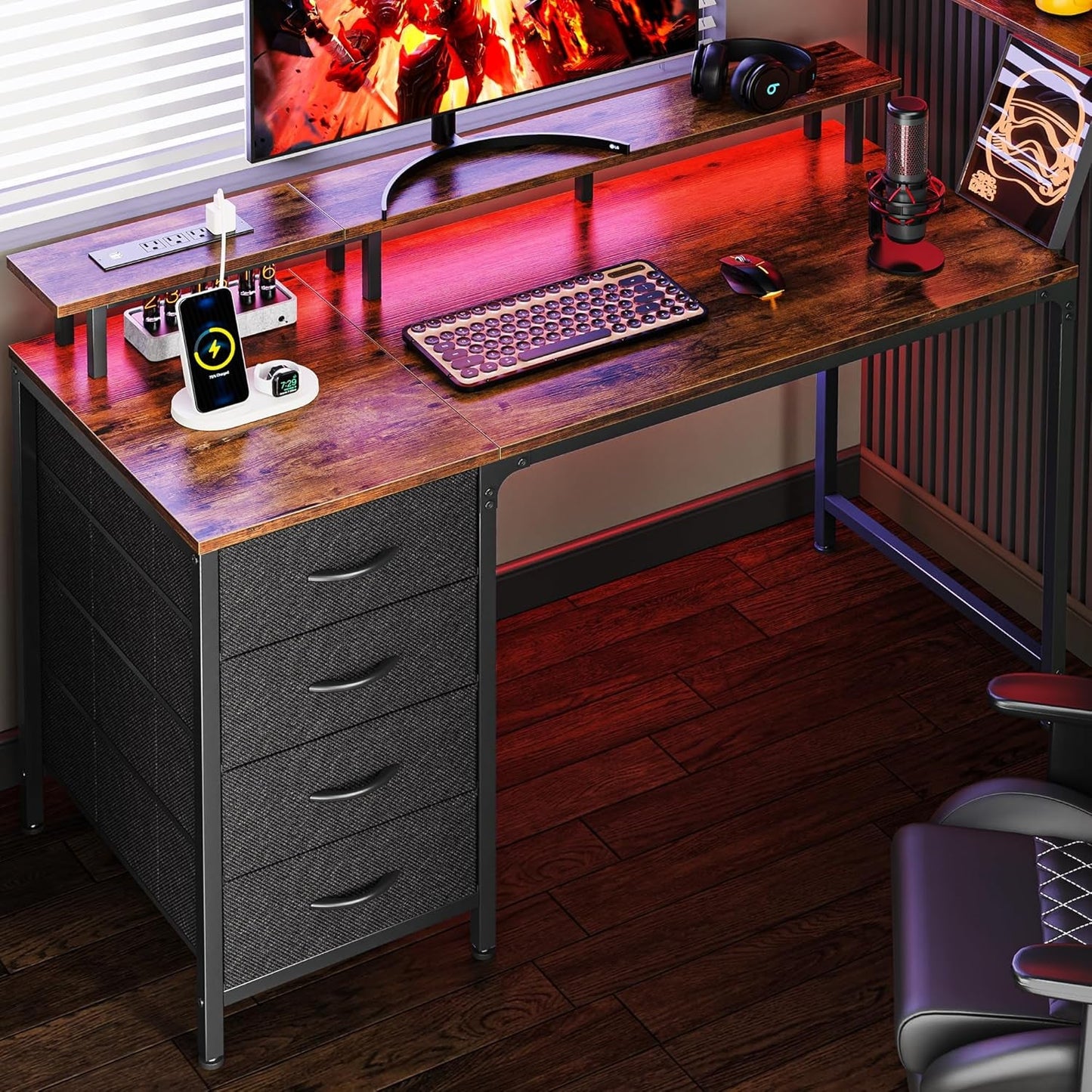 47 Inch Computer Desk with Power Outlets and LED Lights, Gaming Desk