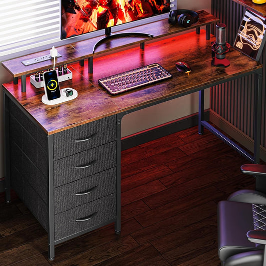 47 Inch Computer Desk with Power Outlets and LED Lights, Gaming Desk