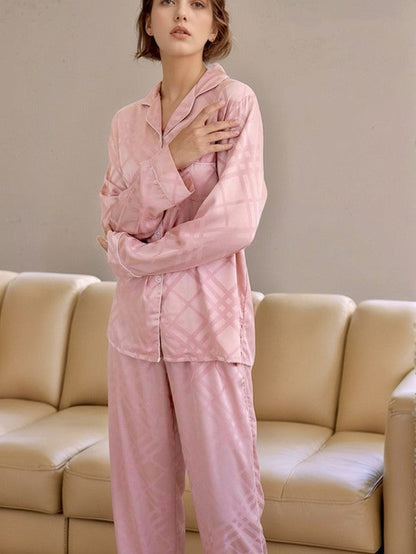 Pink Squared Button Front Long Sleeves Pajama Set