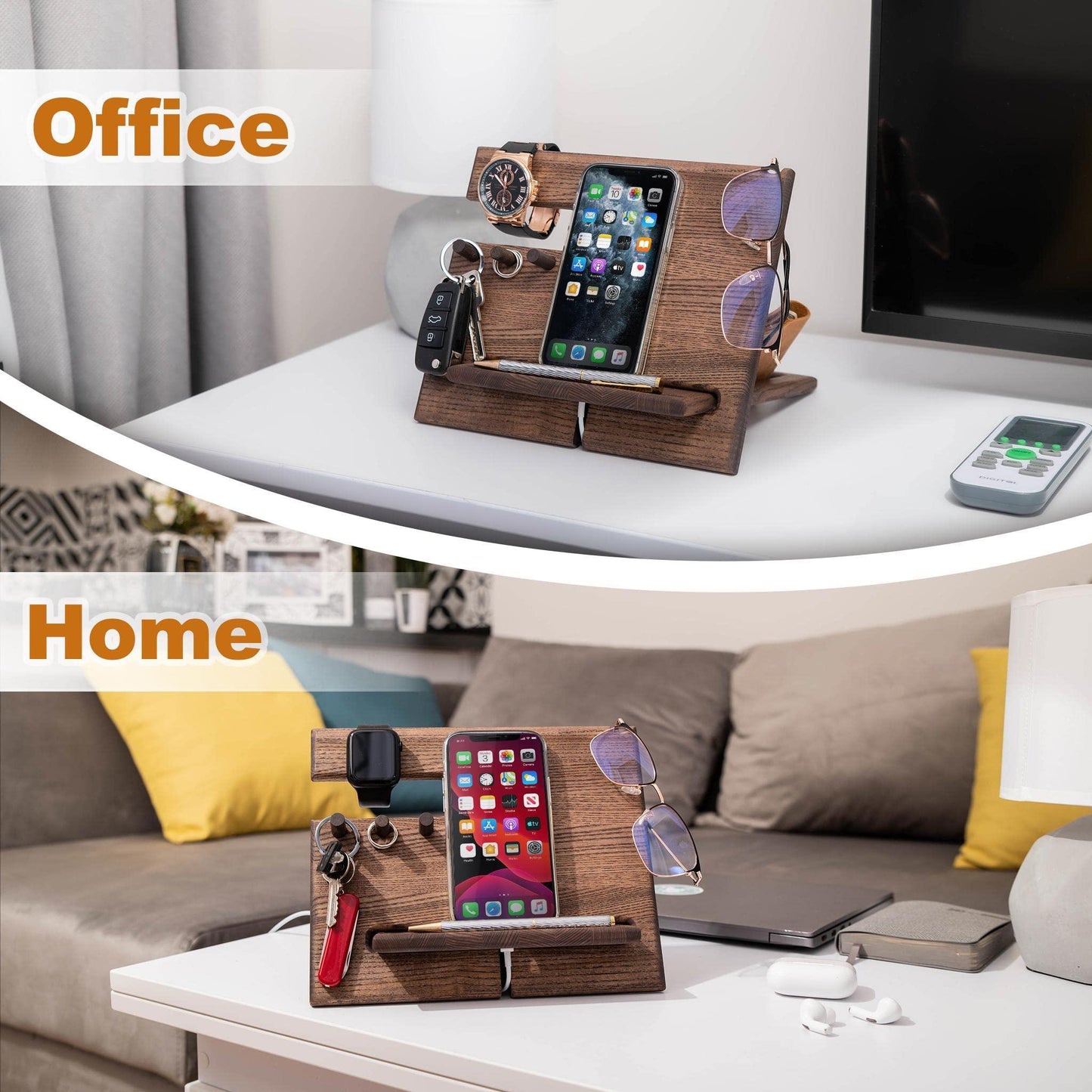 Wood Phone Docking Station Ash Hooks Key Holder Wallet Stand Watch