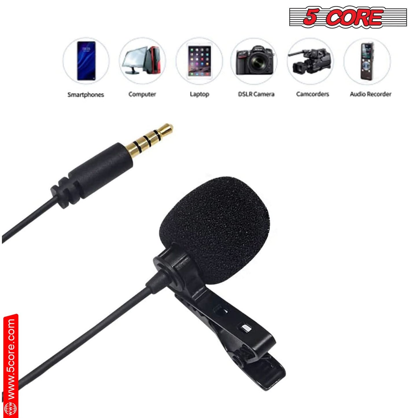 5Core Lavalier Microphone Clip On  Professional Grade 3.5mm Lapel Mic