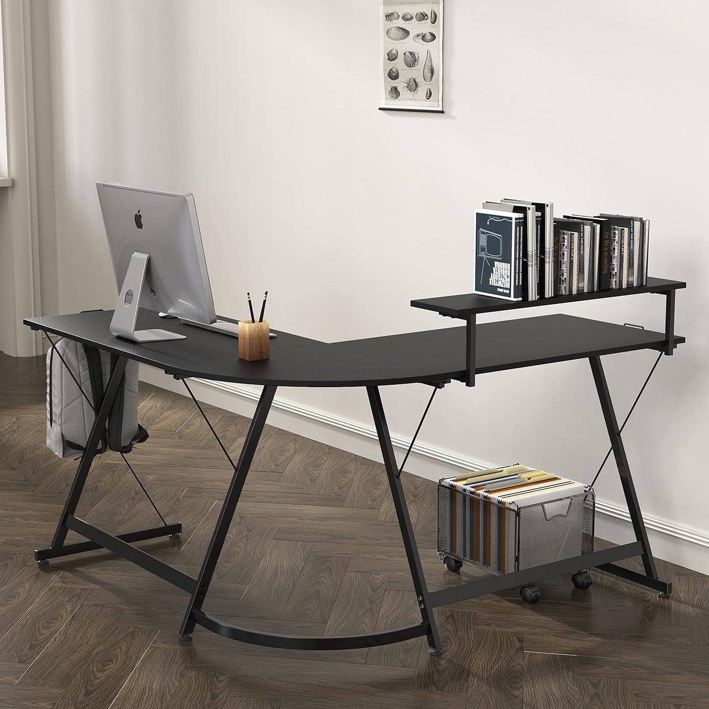 Vista L-Shape Desk with Monitor Stand, Black
