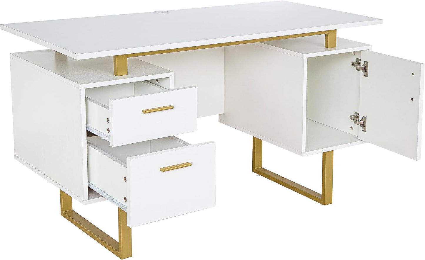 51" White Gold Desk with Storage Cabinet