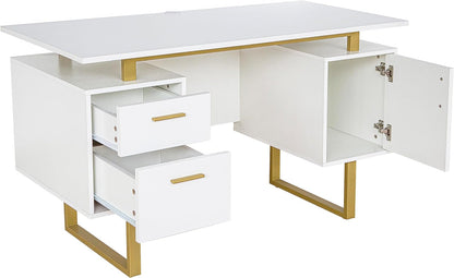 51" White Gold Desk with Storage Cabinet