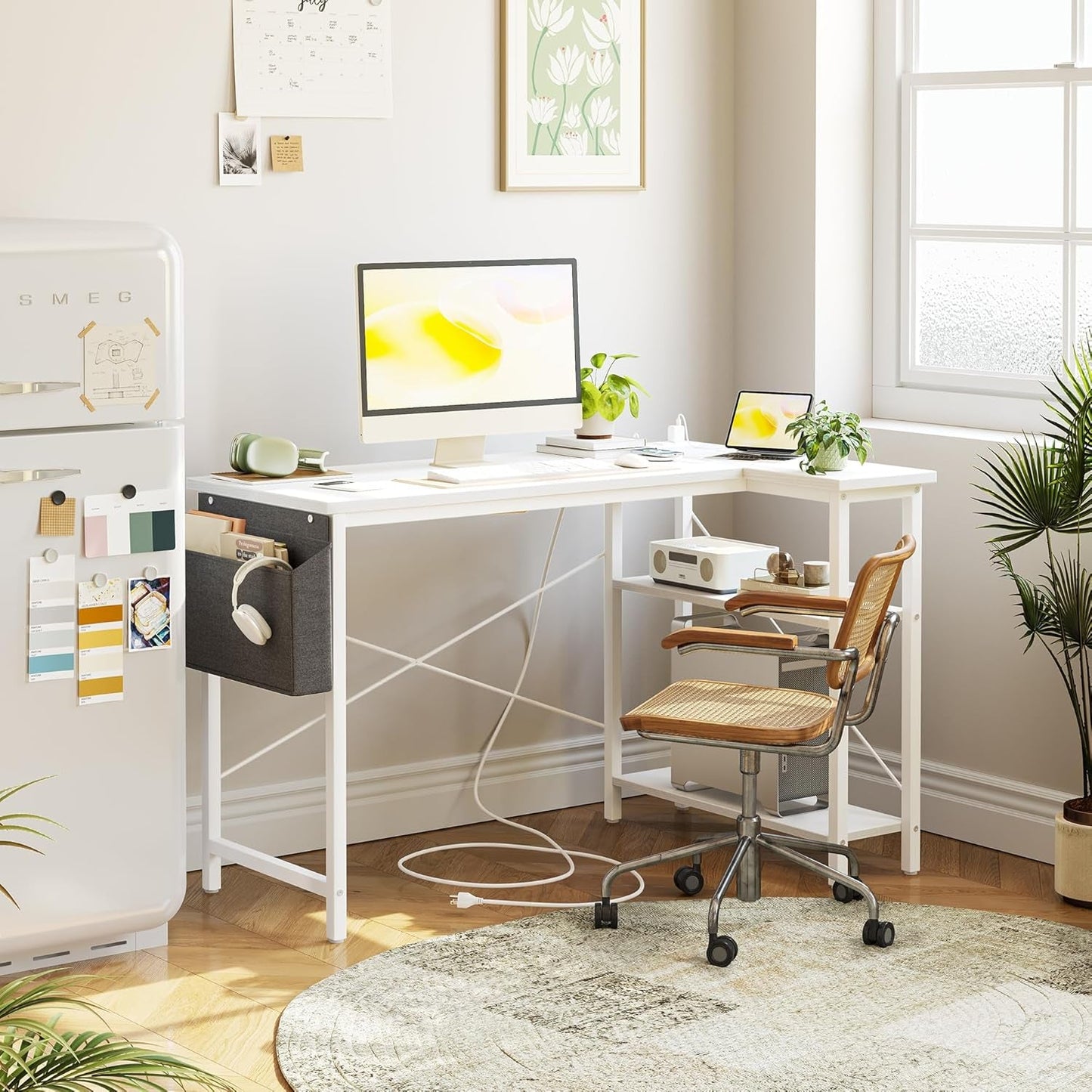 L Shaped Computer Desk with Power Outlets, 47 Inch Small Corner Desk