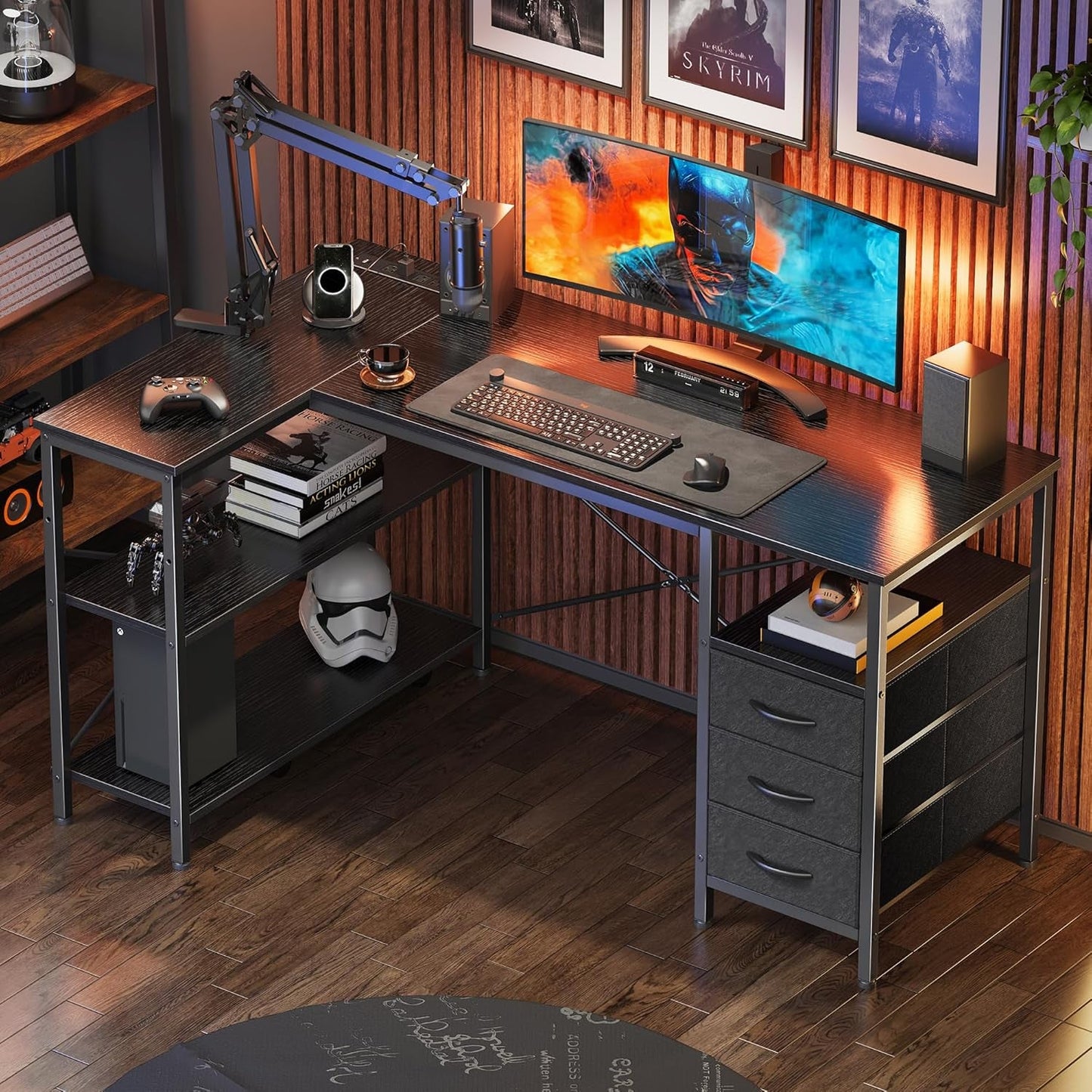 L Shaped Desk with Power Outlets, Computer Desk with 3 Drawers, 47