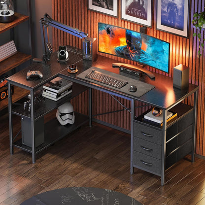 L Shaped Desk with Power Outlets, Computer Desk with 3 Drawers, 47