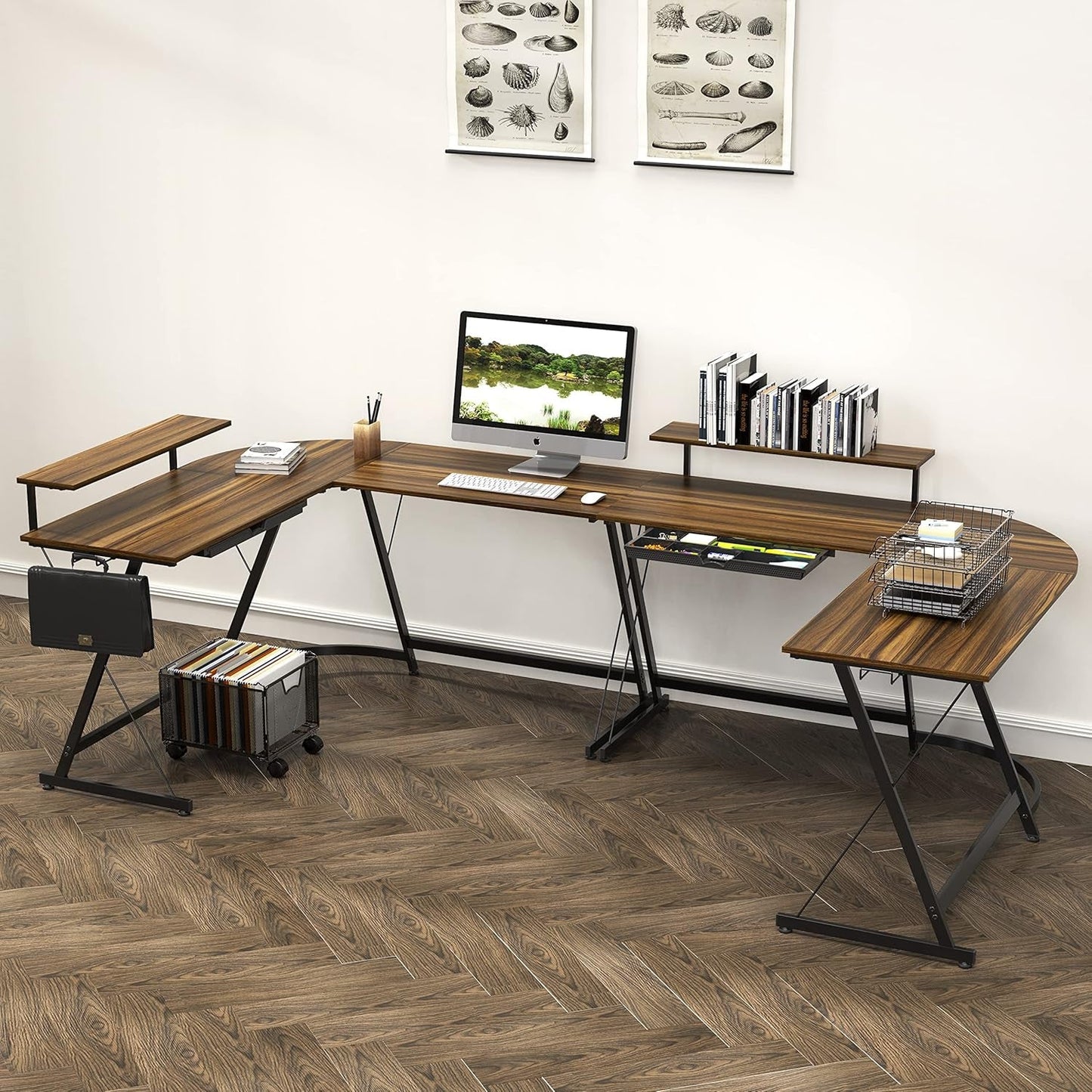Vista L-Shape Desk with Monitor Stand, Walnut