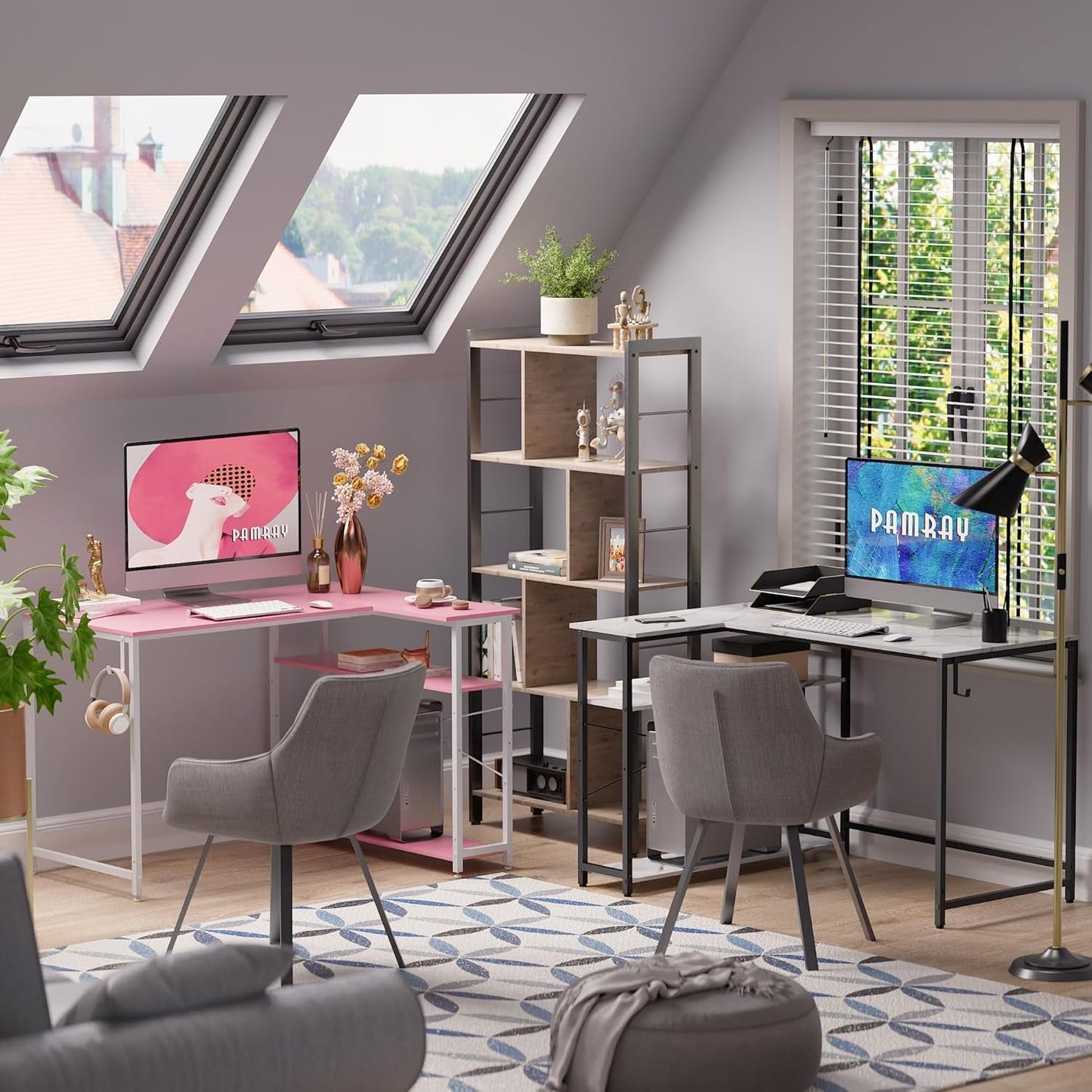 43 Inch L Shaped Computer Desk with Reversible Side Storage Shelves,